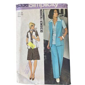 70s Simplicity 6336 Sewing Pattern Size 18 Dress Or Top Pants & Vest Vintage CUT